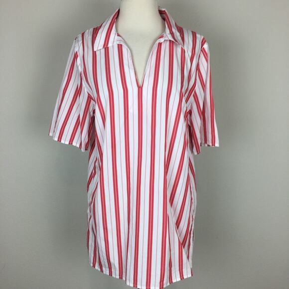 Harshman Red & White Stripe Short Sleeve Andy Popover Top Medium - Picture 2 of 7